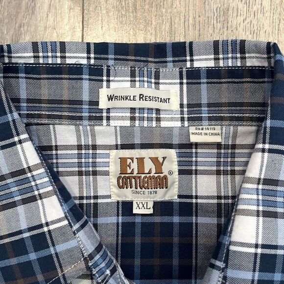 Ely Cattleman Blue Plaid Short Sleeve Pearl Snap XXL - Picture 2 of 4